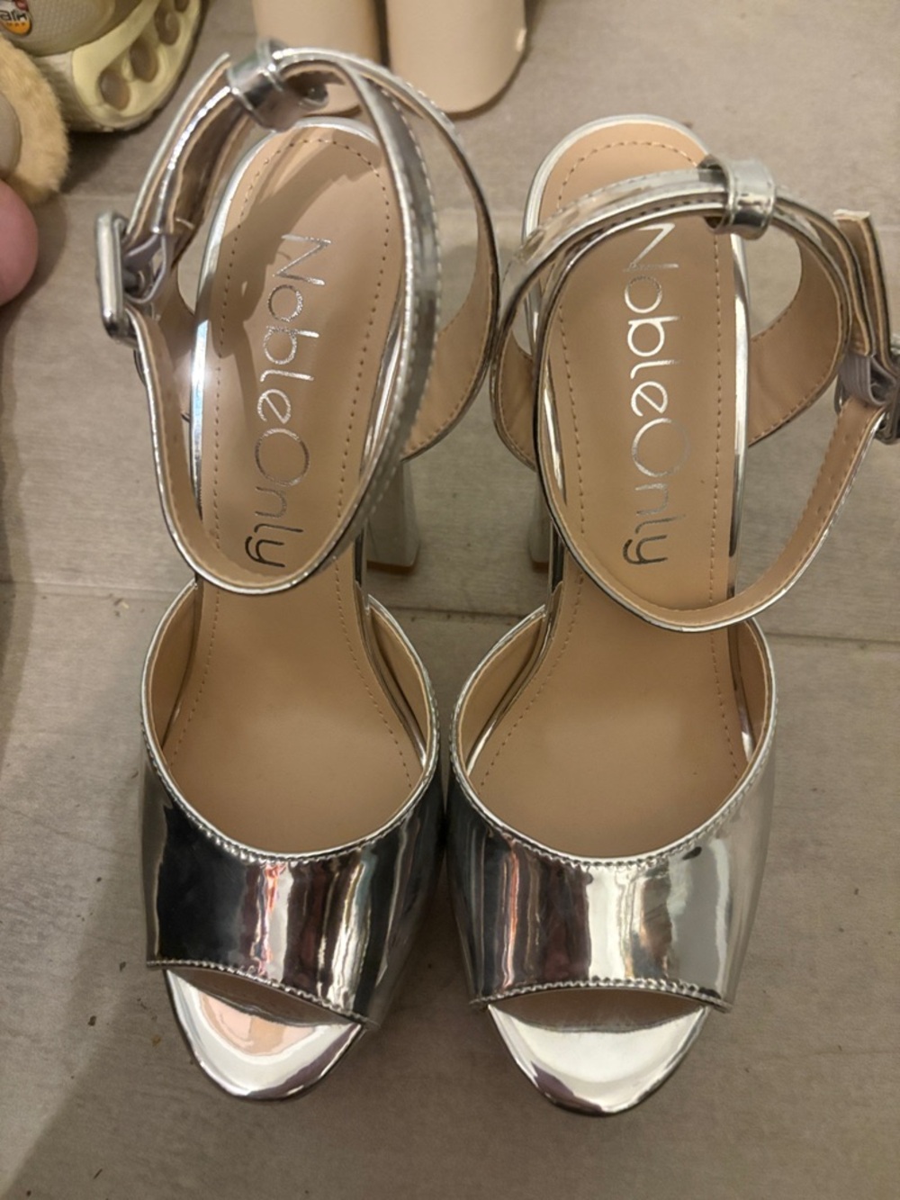 Silver Metallic Ankle-Strap Heels
